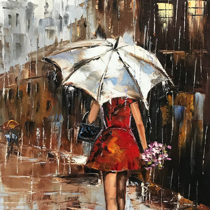 Abstract Girl with Umbrella in Rain Painting Wet City Street Oil Painting Original Woman Holding Umbrella Painting Large Abstract Rain Art