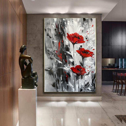 Large Red Poppy Flower Wall Painting, Abstract Red Flowers Canvas Art, Oversize Textured Floral Wall Art, Gustav Klimt Poppies Artwork
