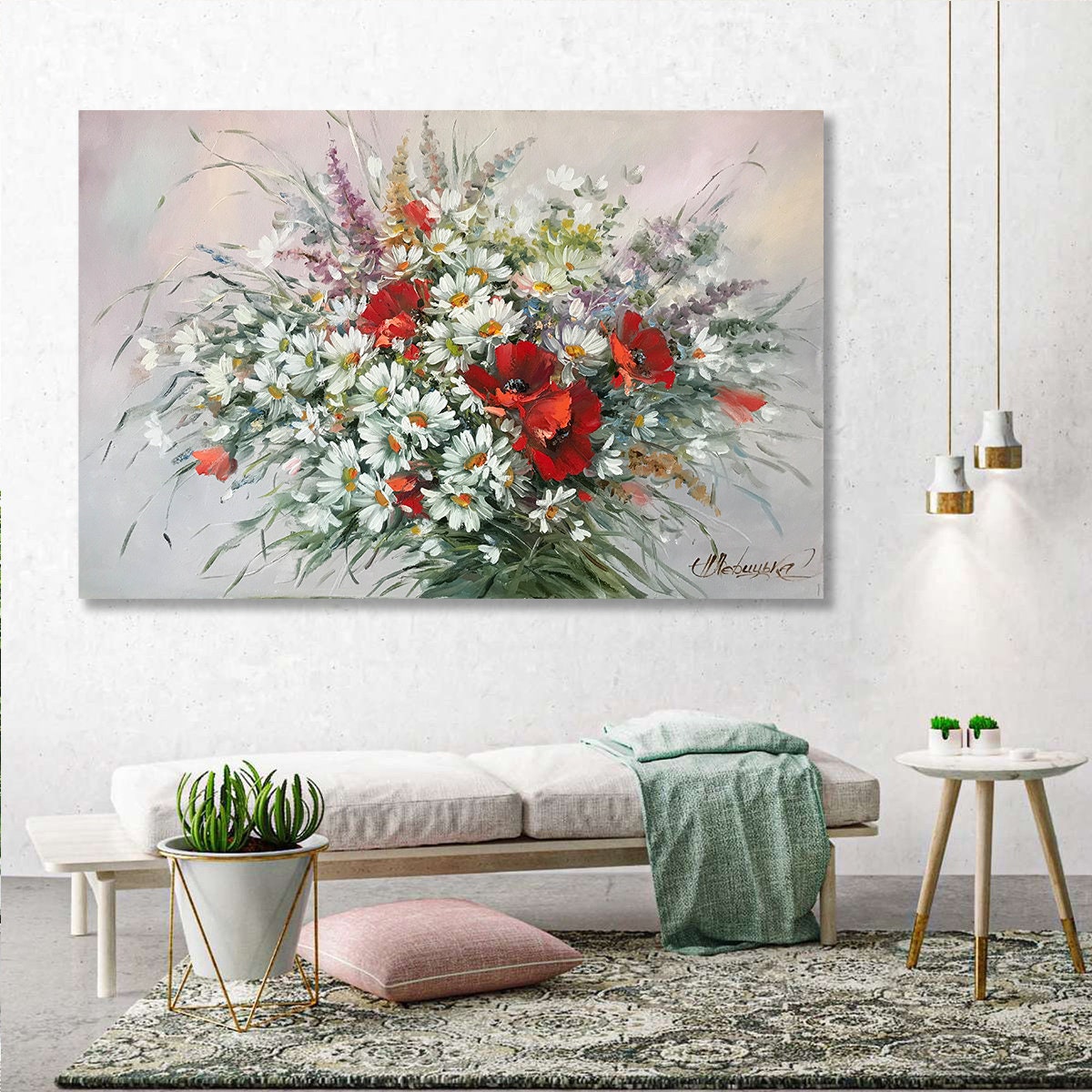 Wildflower Bouquet Painting Original Daisy Painting Poppy Artwork Wildflowers 30x40 Oil Painting Handmade Multimedia Wildflower Wall Art