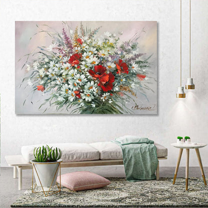 Wildflower Bouquet Painting Original Daisy Painting Poppy Artwork Wildflowers 30x40 Oil Painting Handmade Multimedia Wildflower Wall Art