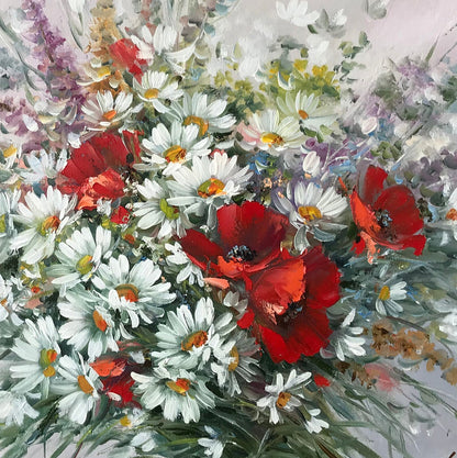 Wildflower Bouquet Painting Original Daisy Painting Poppy Artwork Wildflowers 30x40 Oil Painting Handmade Multimedia Wildflower Wall Art