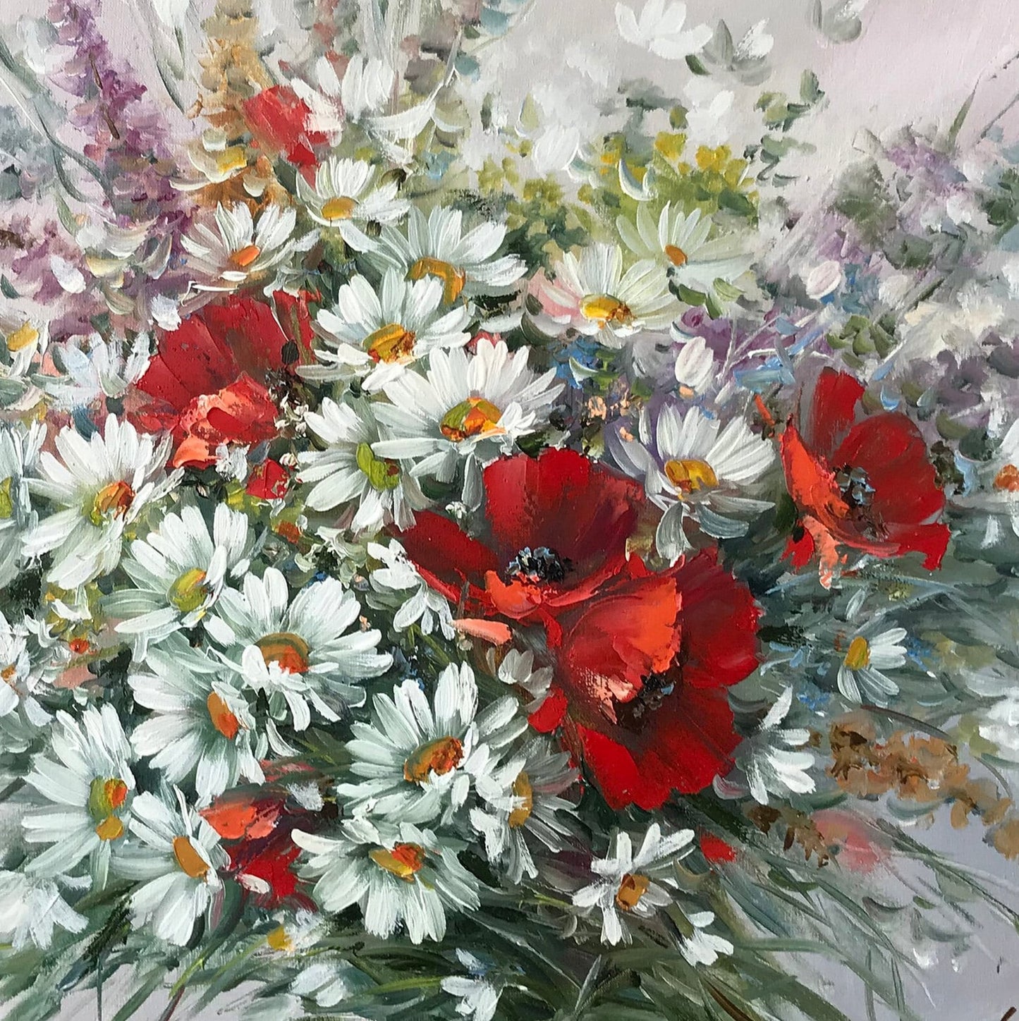 Wildflower Bouquet Painting Original Daisy Painting Poppy Artwork Wildflowers 30x40 Oil Painting Handmade Multimedia Wildflower Wall Art