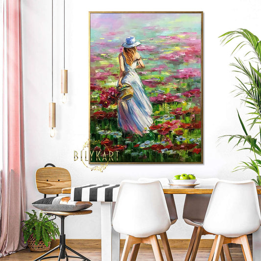 Women With Flower Basket Painting Original Summer Wall Decor Girl Birthday Gift Floral Meadow Art Colorful Flowers Field Painting on Canvas