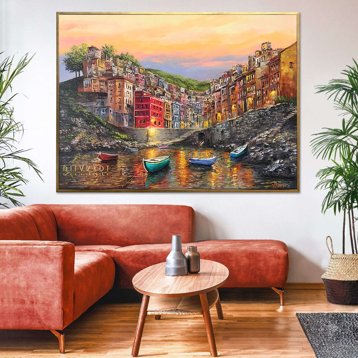 Riomaggiore Painting on Canvas Cinque Terre Italy Wall Art Italian Riviera Painting Fishing Village Artwork Italian Coastal Town Painting