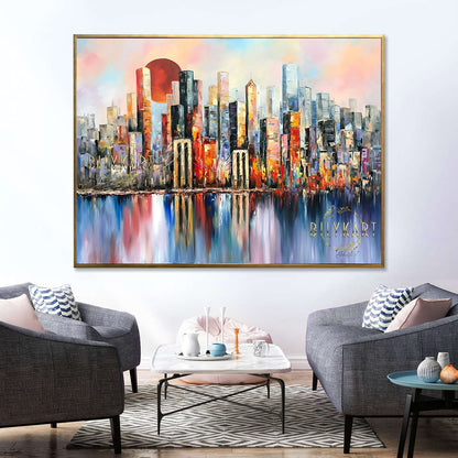 New York Skyline Painting on Canvas Abstract NYC Art Full Moon Artwork Original Manhattan Painting Extra Large New York City Wall Art