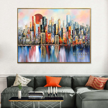 New York Skyline Painting on Canvas Abstract NYC Art Full Moon Artwork Original Manhattan Painting Extra Large New York City Wall Art