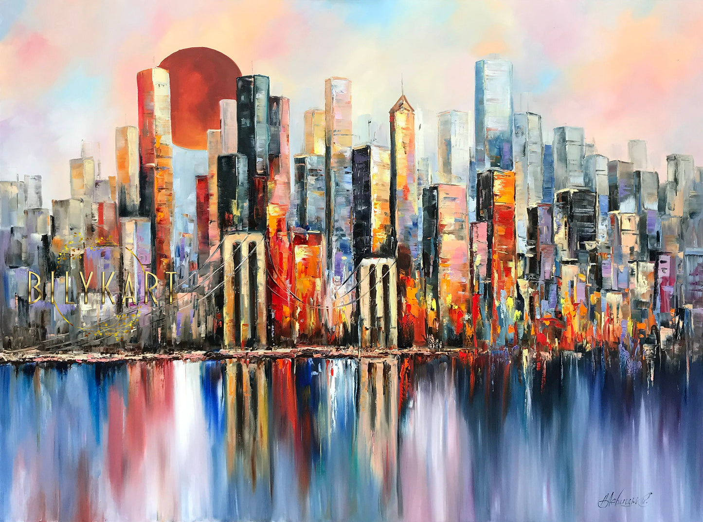 New York Skyline Painting on Canvas Abstract NYC Art Full Moon Artwork Original Manhattan Painting Extra Large New York City Wall Art