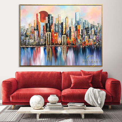 New York Skyline Painting on Canvas Abstract NYC Art Full Moon Artwork Original Manhattan Painting Extra Large New York City Wall Art