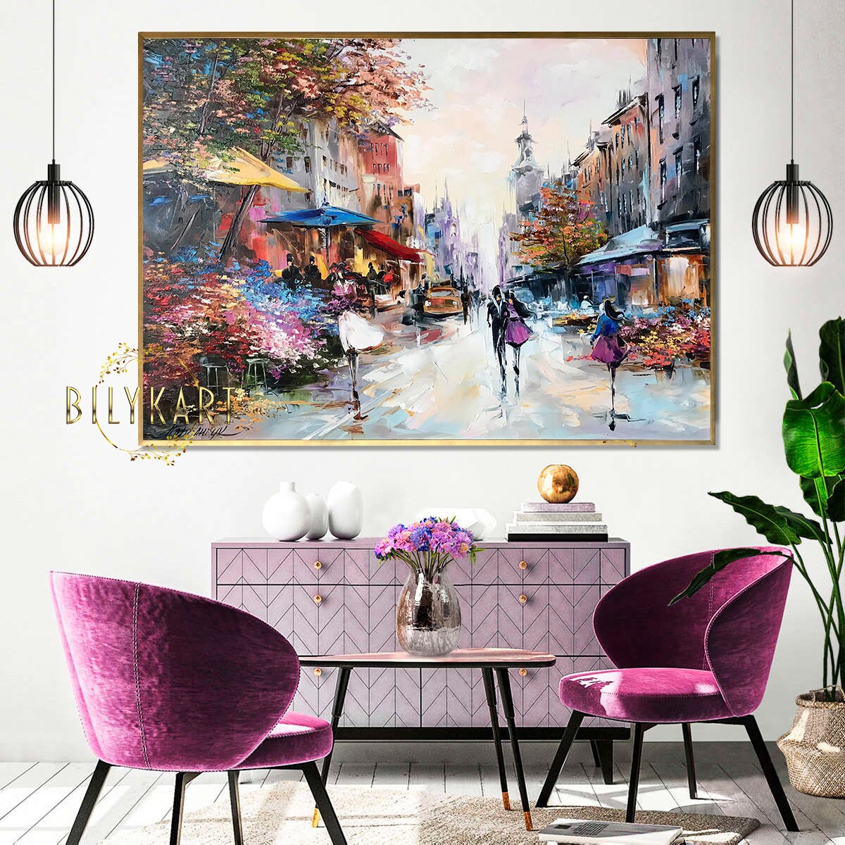 Romantic Oil Painting Original Paris Flower Market Art Couple Walking Together Painting on Canvas French Cafe Artwork