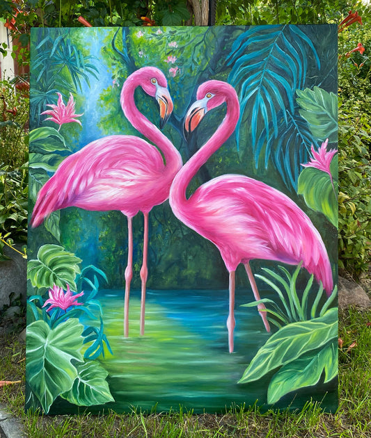 Pink Flamingo Painting on Canvas Tropical Animals in Rainforest Painting Flamingo in the Pond Wall Art Large Flamingo Oil Painting Original
