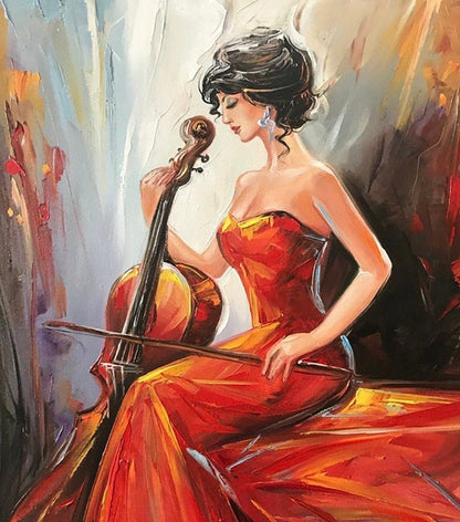 Cellist Oil Painting Original Girl Playing Cello Art Woman in Red Dress Painting Violinist Gifts Music Violin Artwork Musician Wall Art