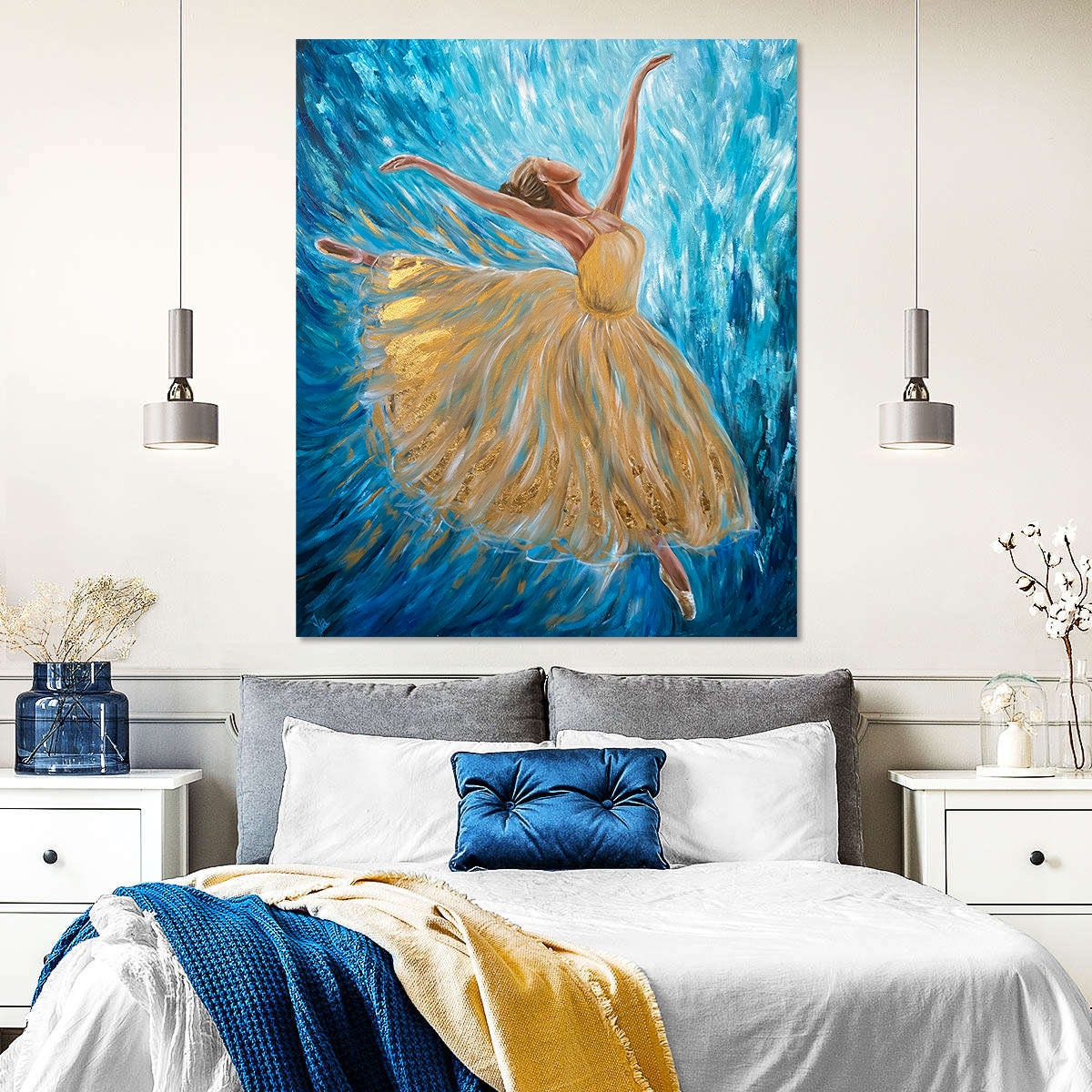 Abstract Ballerina Oil Painting Original Ballerina Room Decor Blue Gold Ballet Artwork Dancing Wall Art Modern Ballerina Painting on Canvas