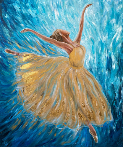 Abstract Ballerina Oil Painting Original Ballerina Room Decor Blue Gold Ballet Artwork Dancing Wall Art Modern Ballerina Painting on Canvas