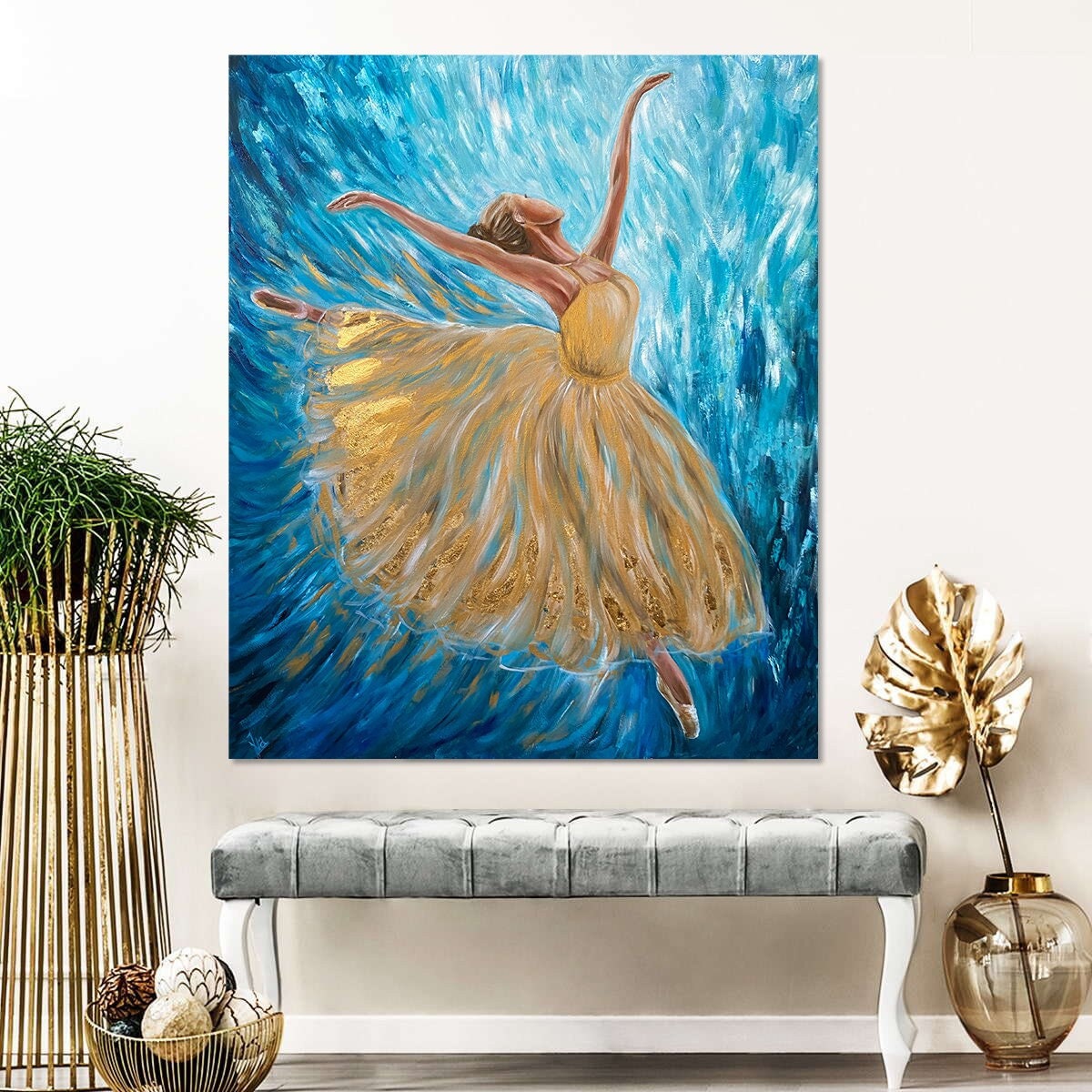 Abstract Ballerina Oil Painting Original Ballerina Room Decor Blue Gold Ballet Artwork Dancing Wall Art Modern Ballerina Painting on Canvas