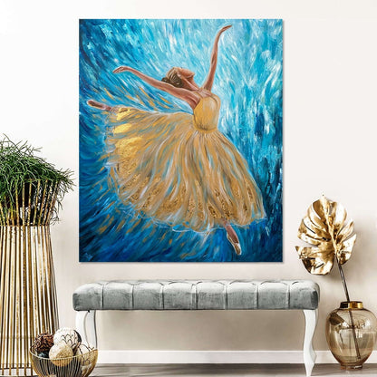 Abstract Ballerina Oil Painting Original Ballerina Room Decor Blue Gold Ballet Artwork Dancing Wall Art Modern Ballerina Painting on Canvas