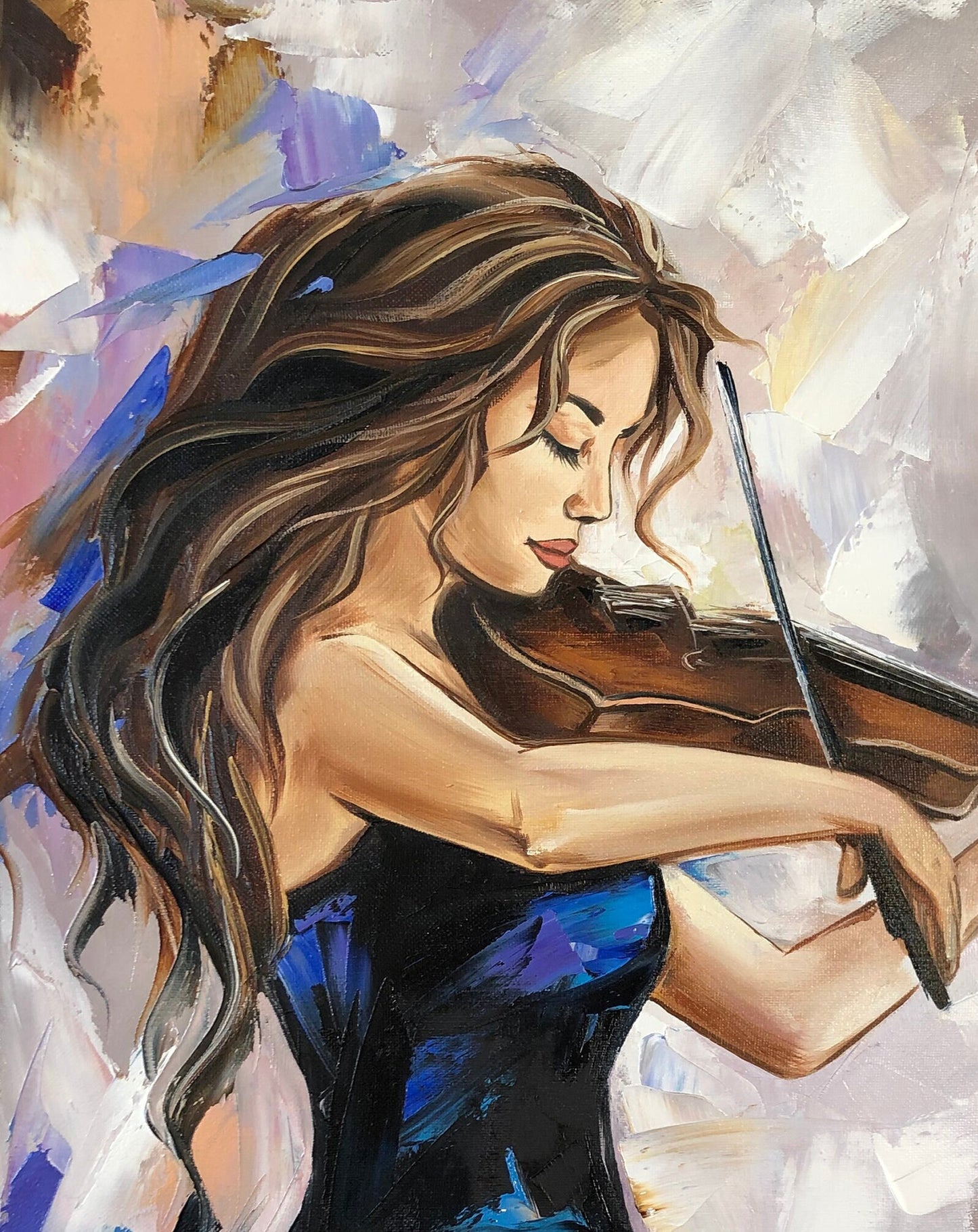 Abstract Girl with Violin Oil Painting Modern Woman Art Music Gifts for Her Royal Blue Painting 48x36 Elegant Wall Decor Contemporary Art