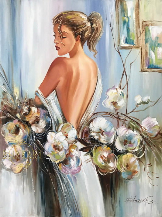 Girl in White Dress Painting on Canvas Lady with Flowers Painting White Orchid Framed Art Woman Back Oil Painting Original Stylish Girl Art