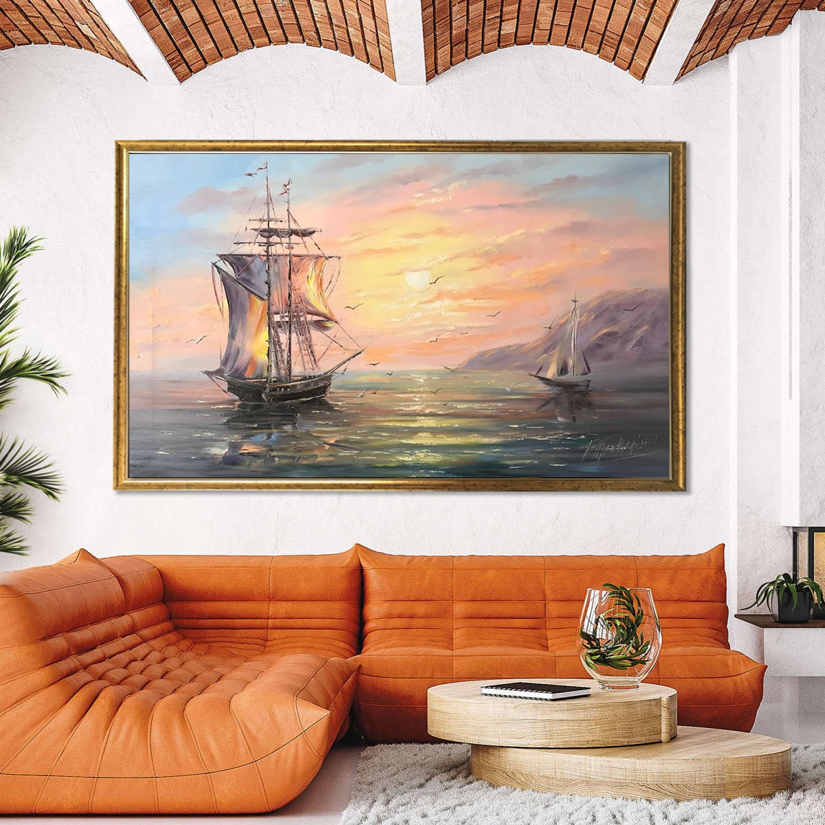 Framed Clipper Ship Painting Sunset Wall Art Pink Yellow Paintings on Canvas Nautical Artwork Sailing Painting Seascape Art Fireplace Decor