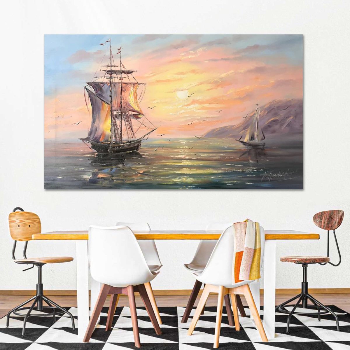 Framed Clipper Ship Painting Sunset Wall Art Pink Yellow Paintings on Canvas Nautical Artwork Sailing Painting Seascape Art Fireplace Decor