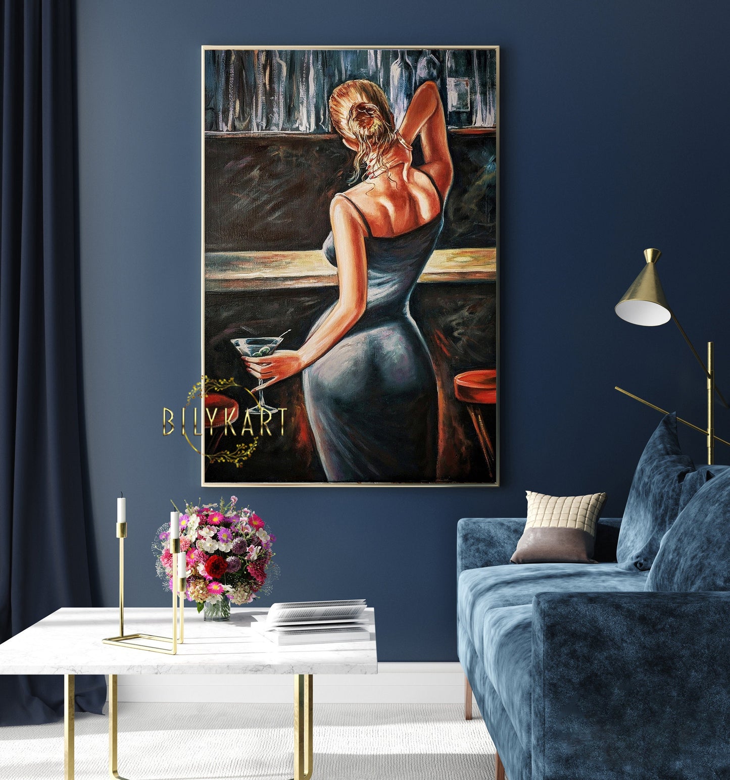 Elegant Woman Back Oil Painting of Woman from Behind Original Art Luxury Girl in Bar Cocktail Art Bar Wall Decor Modern Alcohol Painting