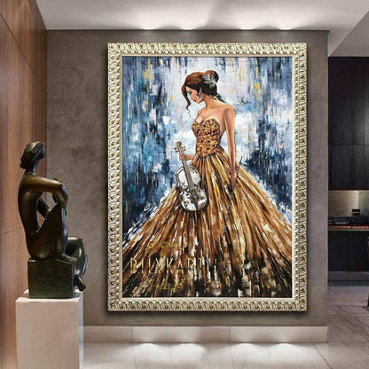 Large Abstract Girl with Violin Oil Painting Original Framed Woman in Gold Dress Painting with Thick Ornate White Gold Wooden Frame 40x60"