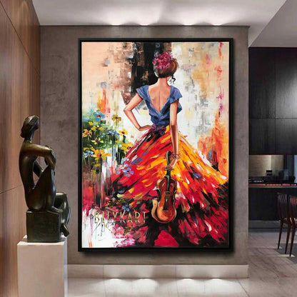 Abstract Woman in Red Dress Oil Painting Original Abstract Girl Back View Painting Extra Large Oil Painting Over Fireplace Modern Woman Art