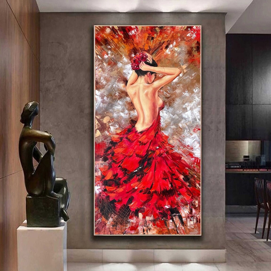 Lady in Red Oil Painting on Canvas Back of Woman Painting Elegant Artwork Figurative Painting Abstract Woman Wall Art 18x36 Tall Wall Decor