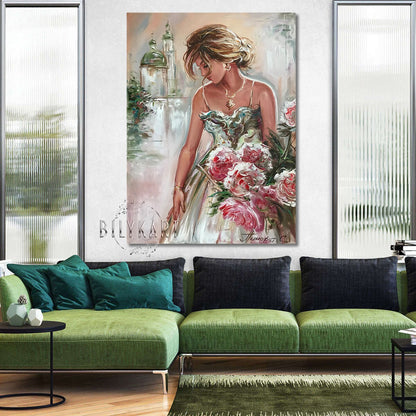 Woman with Flowers Painting Bride Gift Wedding Day Beautiful Girl Wall Art Handmade Artwork Pretty Woman Art Original Lady Oil Painting