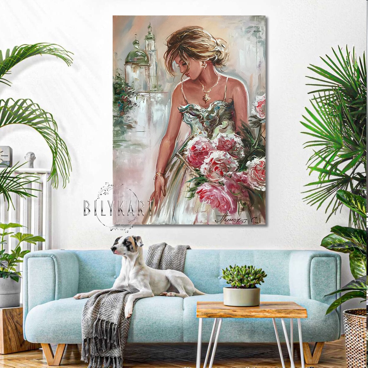 Woman with Flowers Painting Bride Gift Wedding Day Beautiful Girl Wall Art Handmade Artwork Pretty Woman Art Original Lady Oil Painting