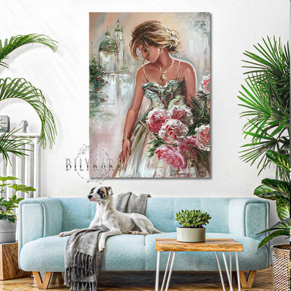 Woman with Flowers Painting Bride Gift Wedding Day Beautiful Girl Wall Art Handmade Artwork Pretty Woman Art Original Lady Oil Painting