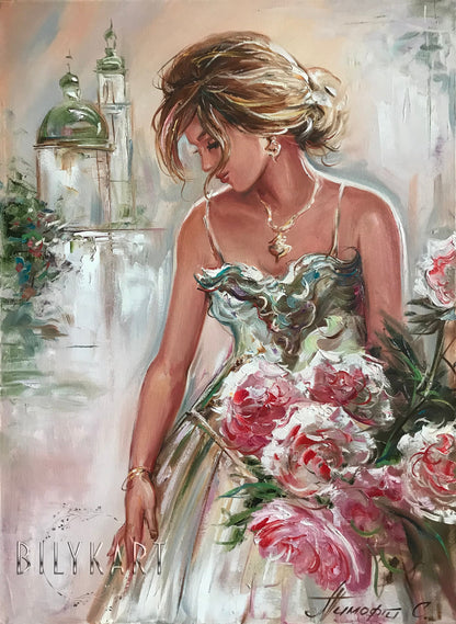 Woman with Flowers Painting Bride Gift Wedding Day Beautiful Girl Wall Art Handmade Artwork Pretty Woman Art Original Lady Oil Painting