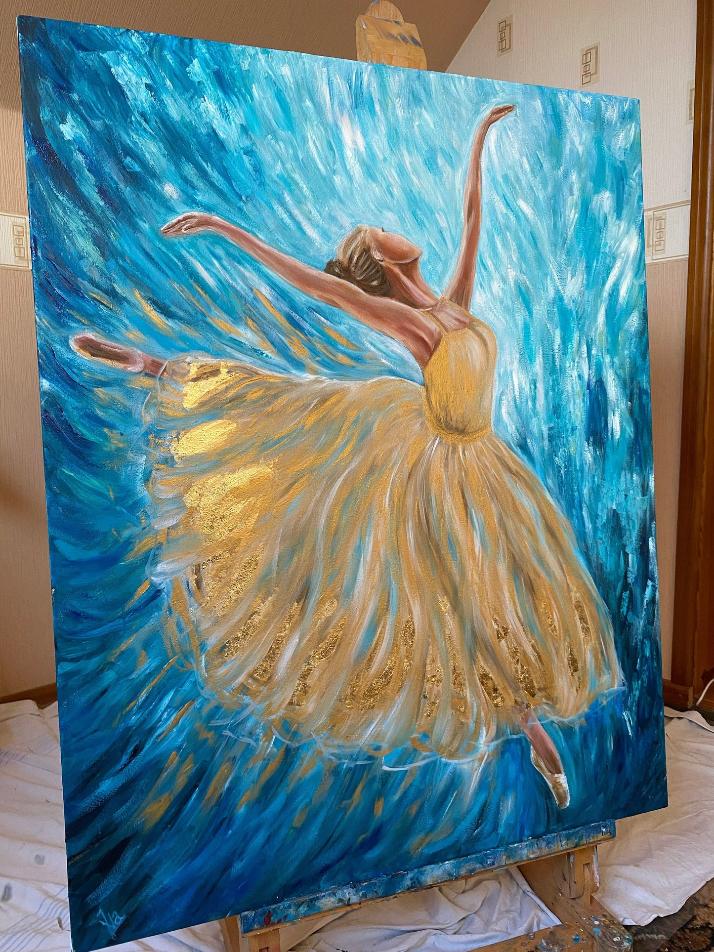 Abstract Ballerina Oil Painting Original Ballerina Room Decor Blue Gold Ballet Artwork Dancing Wall Art Modern Ballerina Painting on Canvas