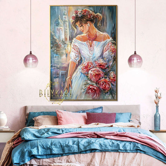 Flower Girl Oil Painting Canvas Original Beautiful Girl Framed Wall Art Woman Painting Roses Art Classic Painting Unique Gift for Woman