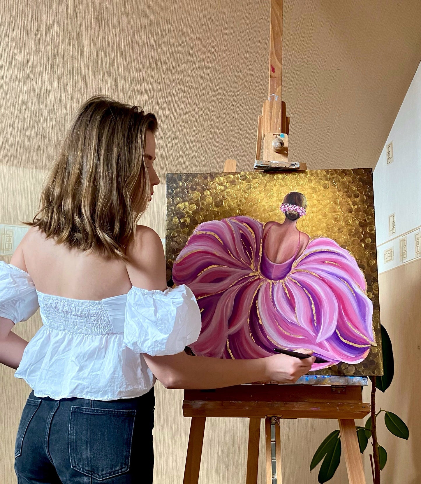 Pink Ballerina Oil Painting Original Pink and Gold Ballerina Wall Art Modern Dress Painting Girly Art Sitting Ballerina Painting on Canvas