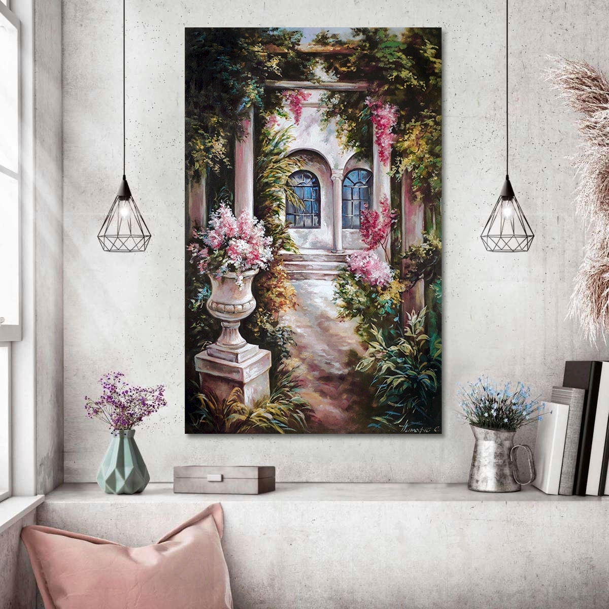 Italian House Painting Hand Painted Italian Garden Framed Art Patio Painting Original Positano Painting Italy Village Painting Italy Artwork