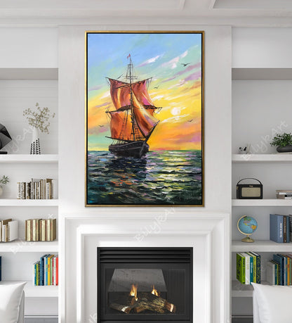 Tall Ship Painting, Original Signed Art, Ocean Sunset Painting, Sailing Decor, Mid-century Wall Art, Gift for Him, Seascape Oil Painting