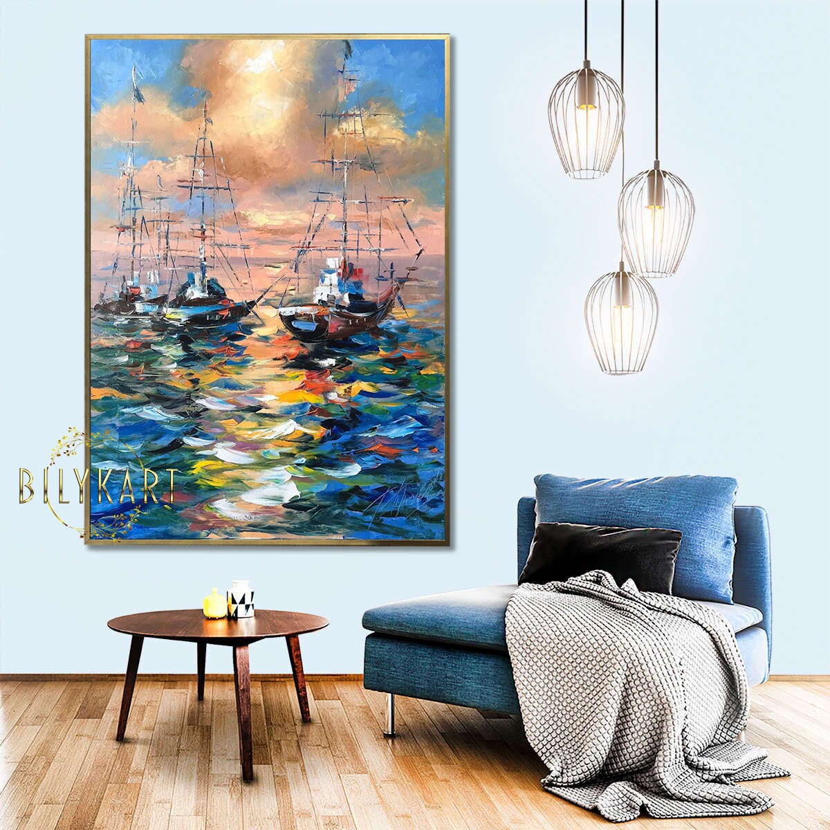 Large Boat at Sunset Oil Painting Original Colorful Seascape Paintings on Canvas Sailboat Framed Art Large Abstract Yacht Paintings for Sale