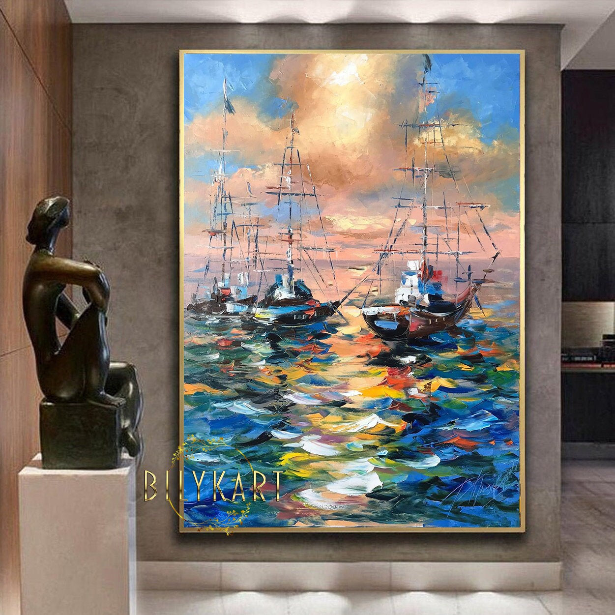 Large Boat at Sunset Oil Painting Original Colorful Seascape Paintings on Canvas Sailboat Framed Art Large Abstract Yacht Paintings for Sale