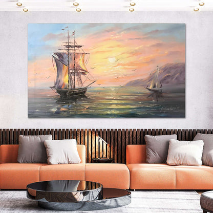 Framed Clipper Ship Painting Sunset Wall Art Pink Yellow Paintings on Canvas Nautical Artwork Sailing Painting Seascape Art Fireplace Decor