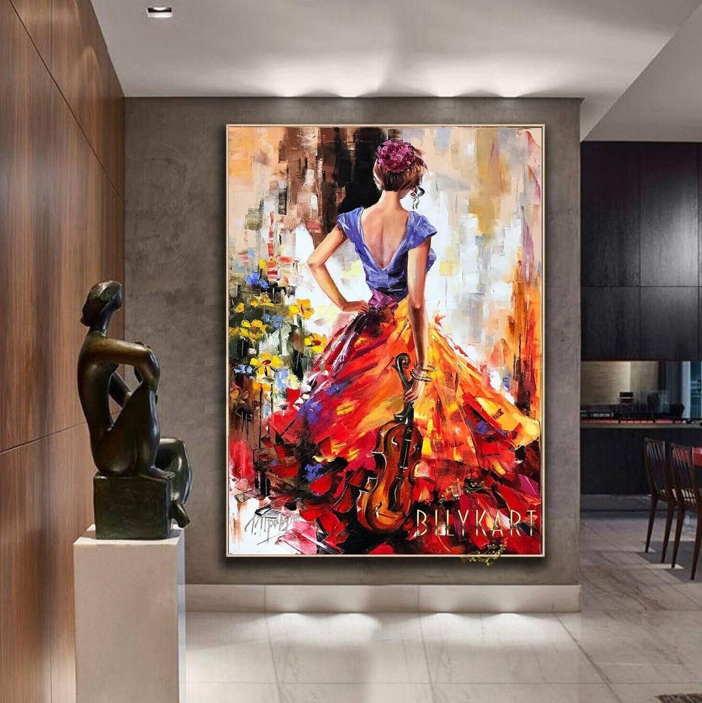 Violinist Original Painting Musician Wall Art Abstract Woman Painting Woman in Dress Silhouette Art Music Art Canvas Violin Oil Painting