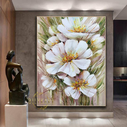 Large White Flower Oil Paintings on Canvas Abstract Floral Framed Art Big Flower Painting on Wall Decor Extra Large Floral Artwork