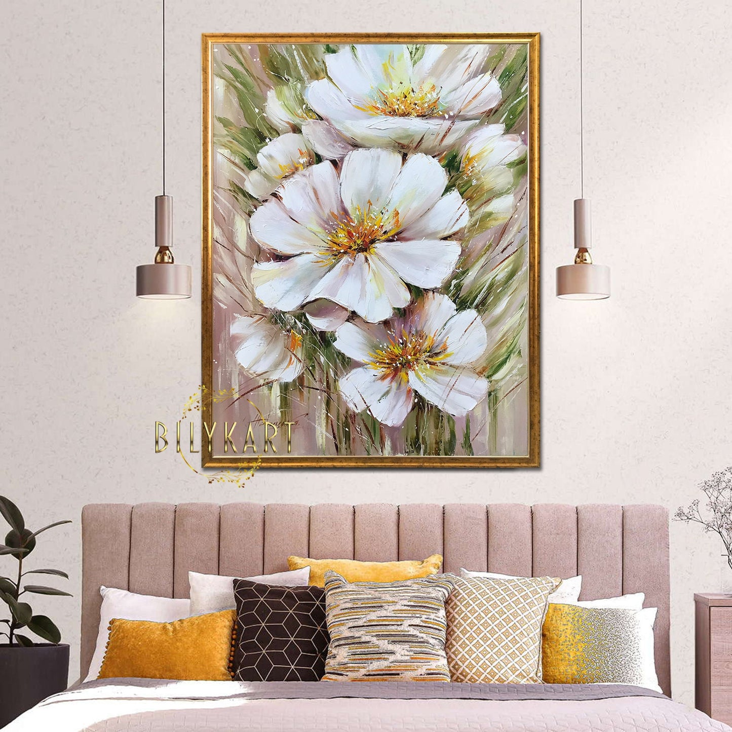 Large White Flower Oil Paintings on Canvas Abstract Floral Framed Art Big Flower Painting on Wall Decor Extra Large Floral Artwork