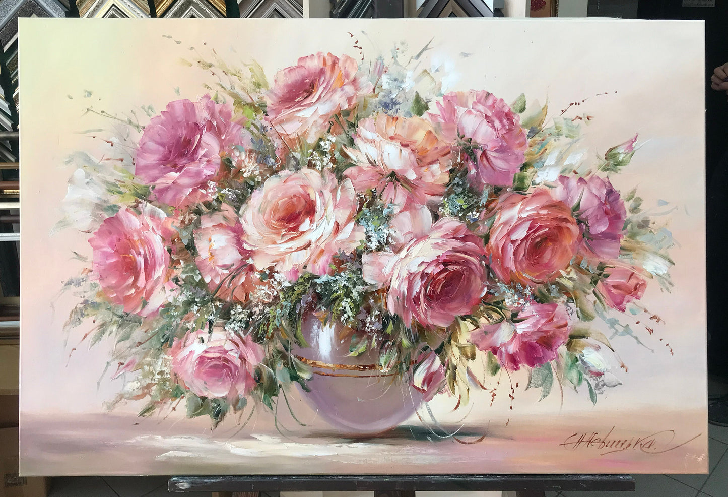 Pink Rose Bouquet Painting on Canvas Classical Still Life Oil Painting Original Handmade Artwork Pink Flowers in Vase Painting for Sale