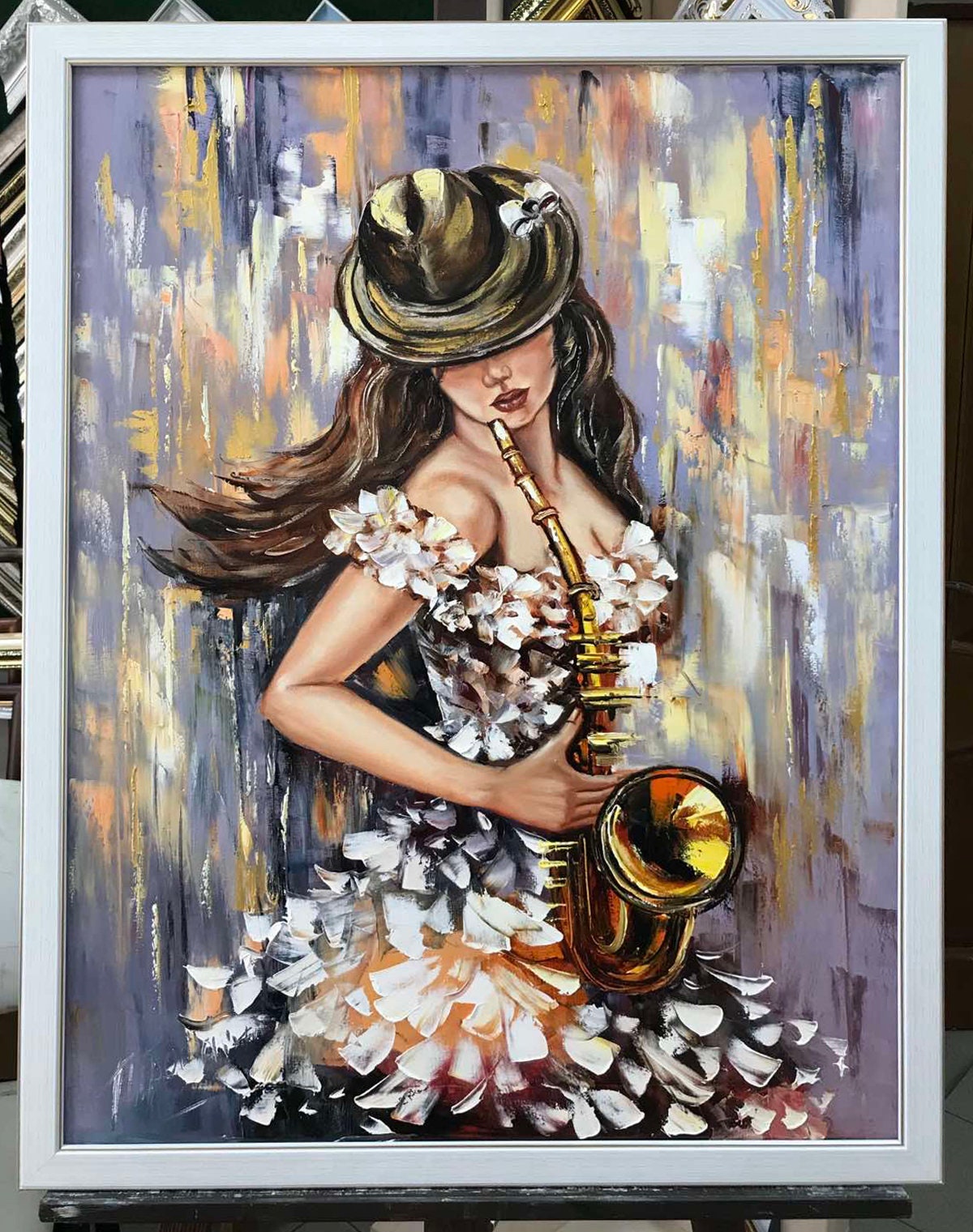 Jazz Painting Original Sax Player Wall Art Girl in Hat Painting Music Fan Gift Musician Artwork 24x36 Modern Saxophone Woman Oil Painting