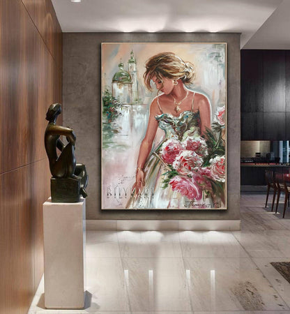 Woman with Flowers Painting Bride Gift Wedding Day Beautiful Girl Wall Art Handmade Artwork Pretty Woman Art Original Lady Oil Painting