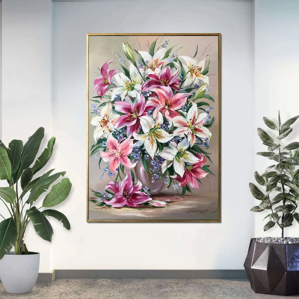 Stargazer Lily Oil Painting Original White Lilies Wall Art Floral Living Room Decor Pink Flowers Canvas Art Flower Lily Painting