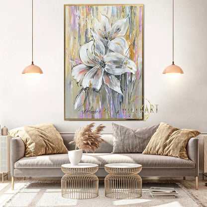 White Lily Painting on Canvas Gold White Abstract Floral Wall Art Large Floral Oil Painting Lilies Abstract Painting Lily Flower Artwork