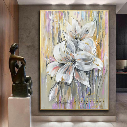 White Lily Painting on Canvas Gold White Abstract Floral Wall Art Large Floral Oil Painting Lilies Abstract Painting Lily Flower Artwork