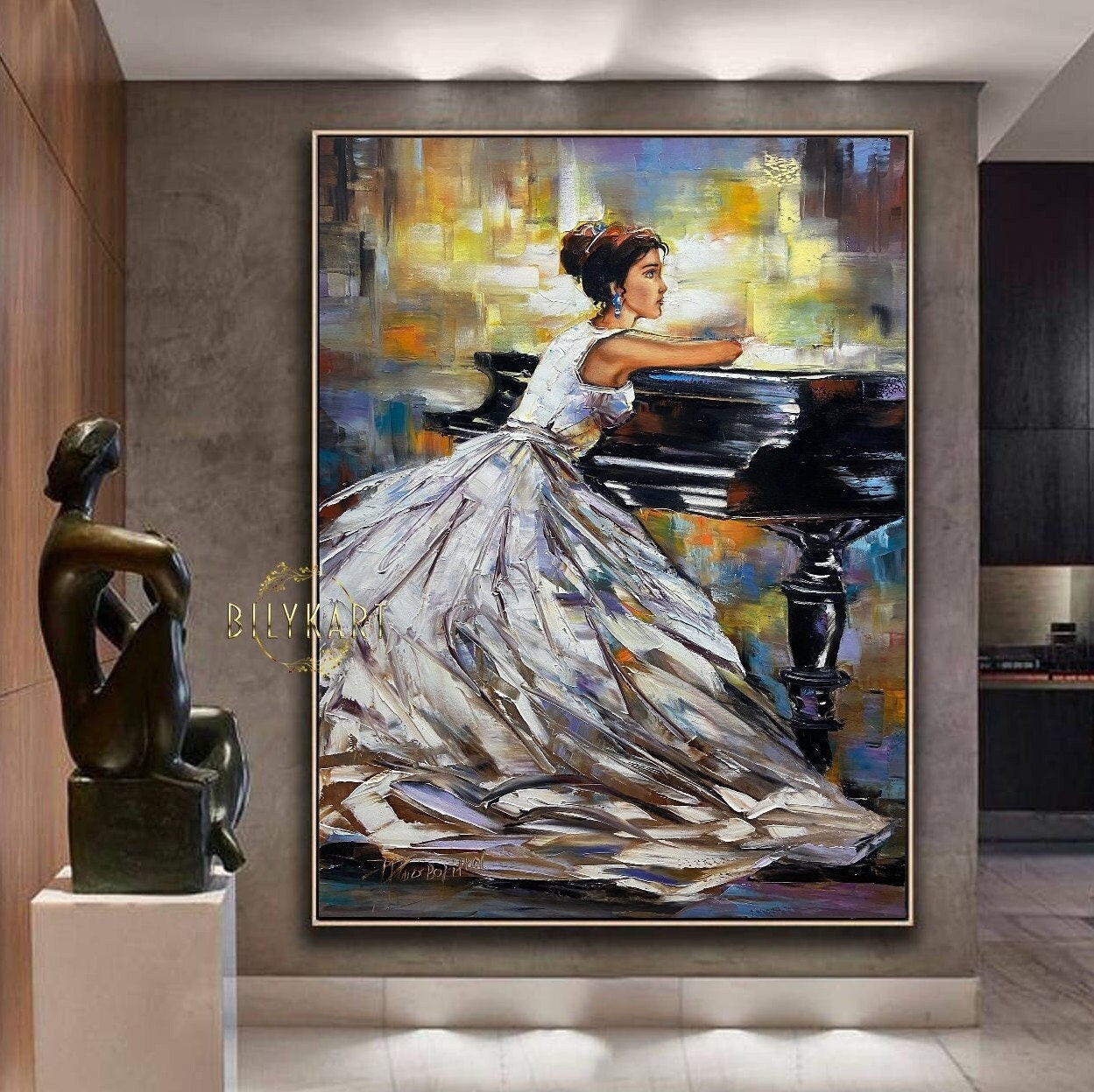 Pianist Painting Girl Grand Piano Wall Art Woman Sitting Art Lady Artwork Abstract Music Oil Painting Piano Gifts For Women Dress Painting