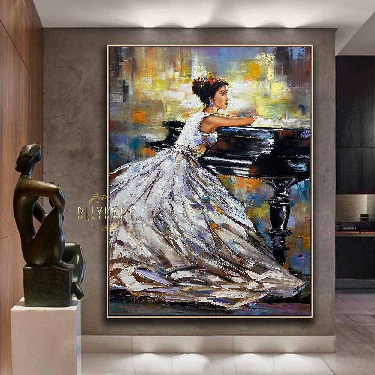 Woman Sitting at Piano Painting | Elegant Pianist Canvas Art Handmade Artwork | Abstract Music Painting Piano Elegant Art